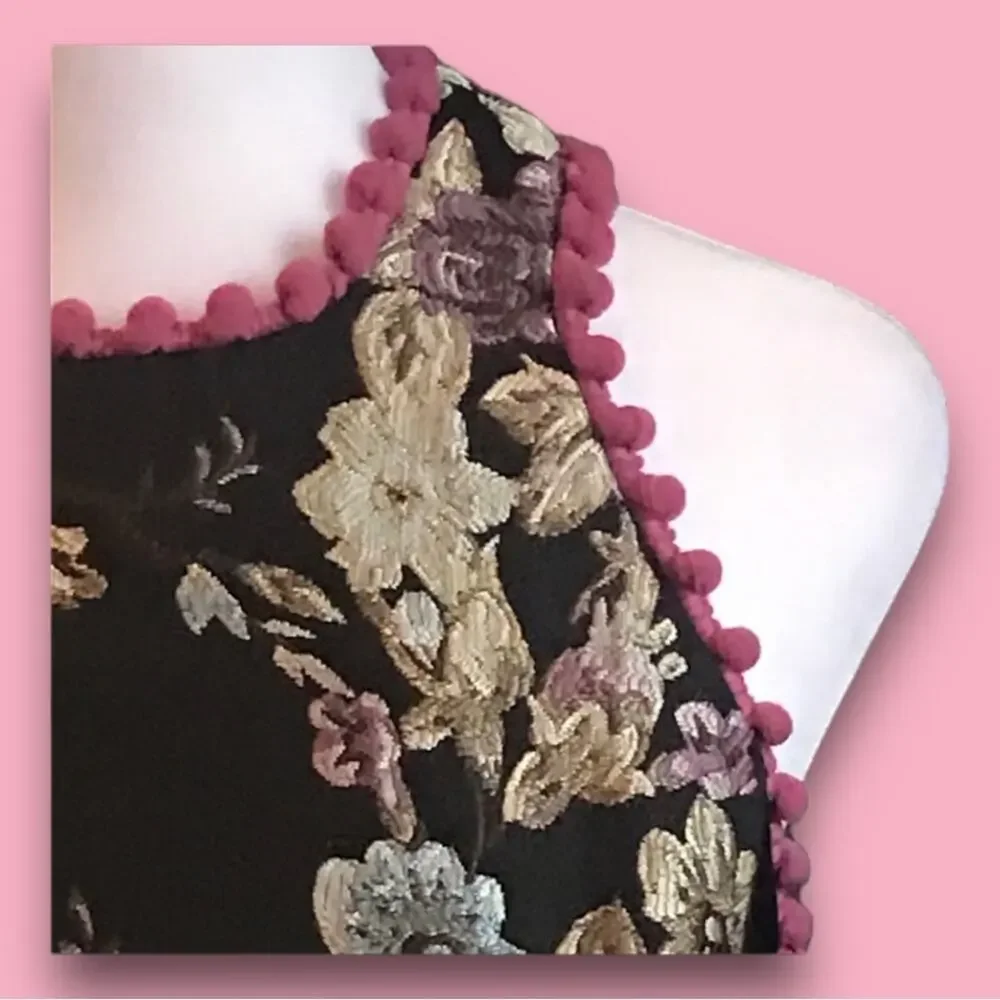 LAUNDRY black pink floral brocade Pom Pom trimmed Fit and Flare dress SZ 0 - Picture 6 of 11